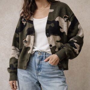 Rare Julieta & Lu Camo Cardigan Embellished Knit Button Front Size Small